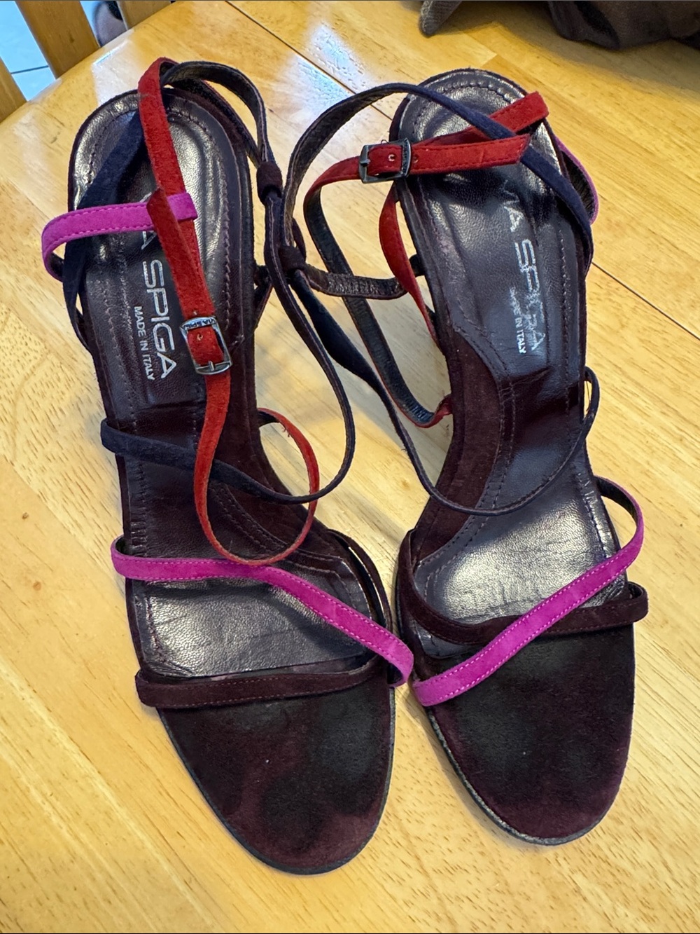 Via Spiga Strappy Suede Heels in Burgundy with Pink Accents Sz 8.5